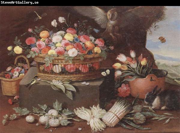 Jan Van Kessel Still life of various flwers in a basket,tulips in a copper pot hortensias,asparagi and artichokes laid out on the ground,together with an owl,butterf